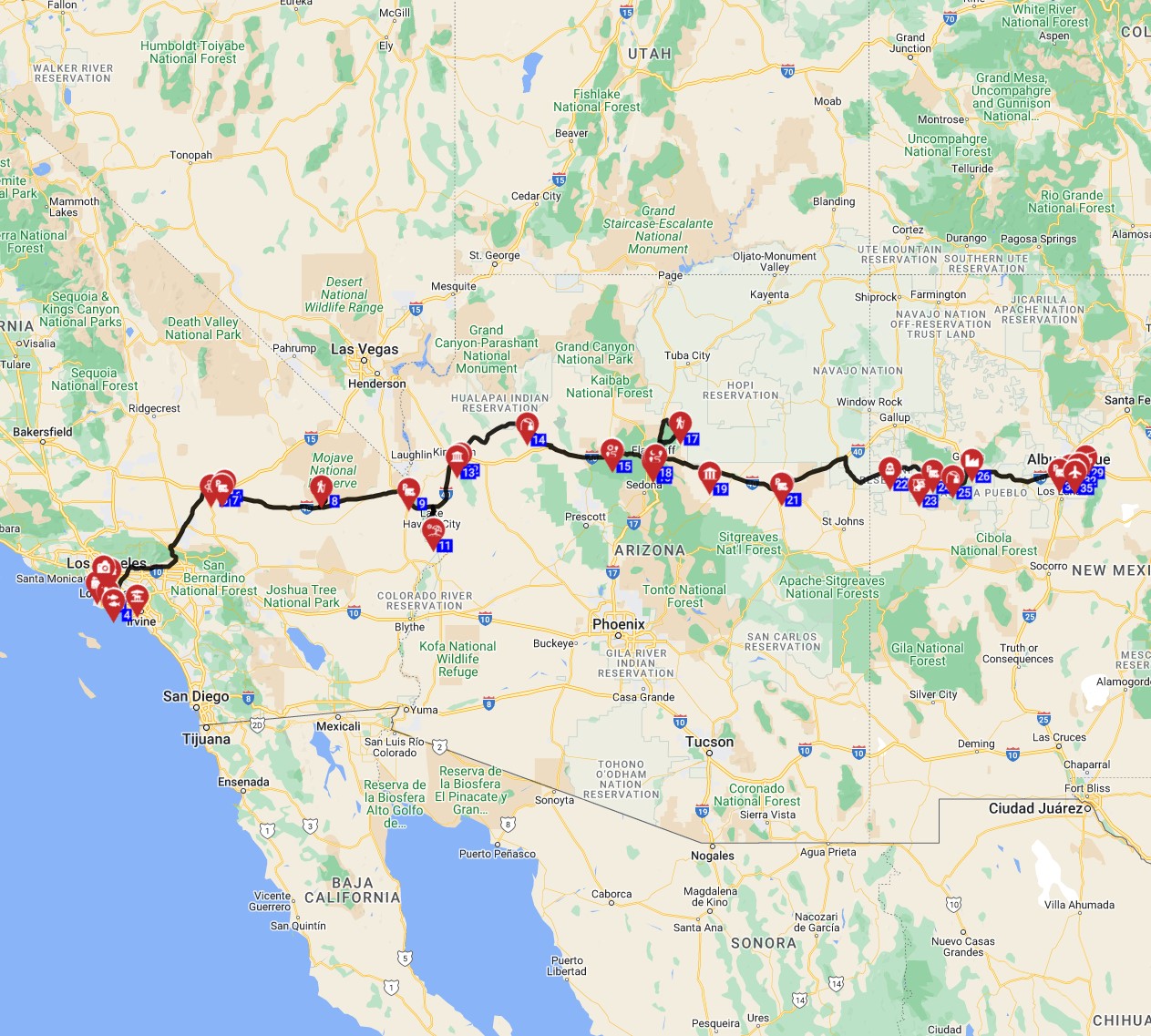 Map for Los Angeles to Albuquerque